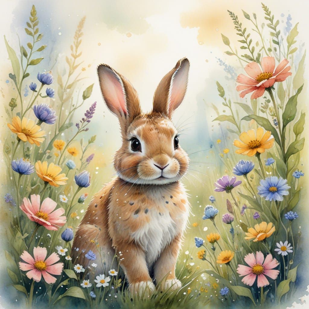 Fluffy Bunny in Wildflower Crown - Storybook Art
