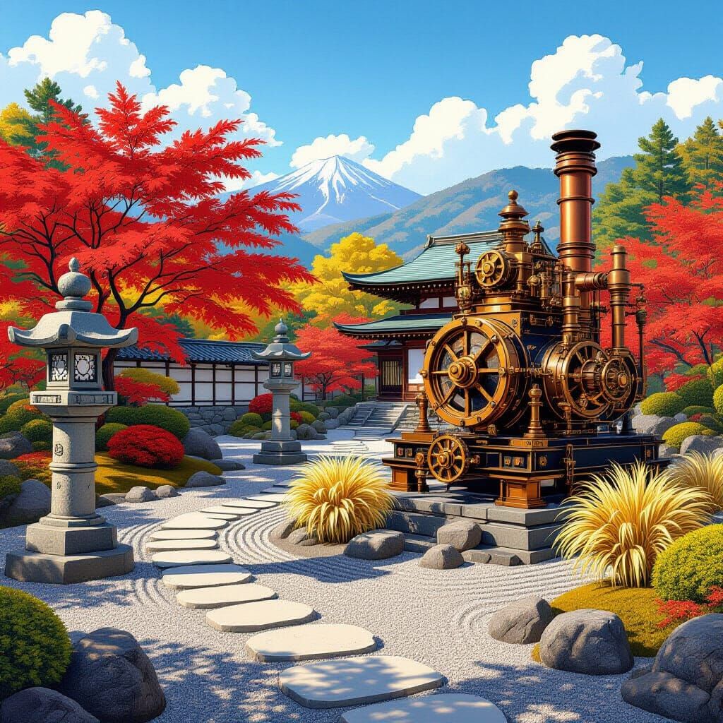 Steampunk Japanese Garden with Ukiyo-e Artistry