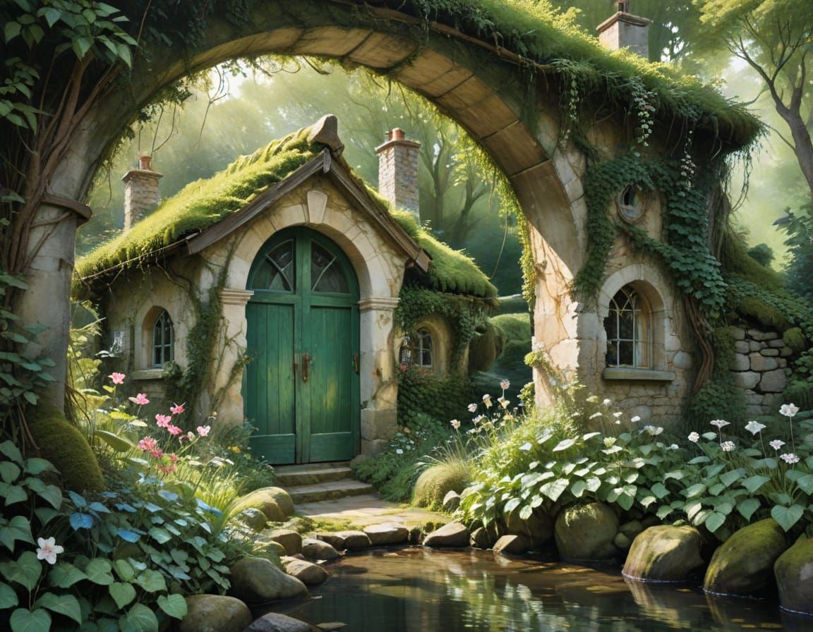 Mystic Cottage in Verdant Valley: Surreal Watercolour