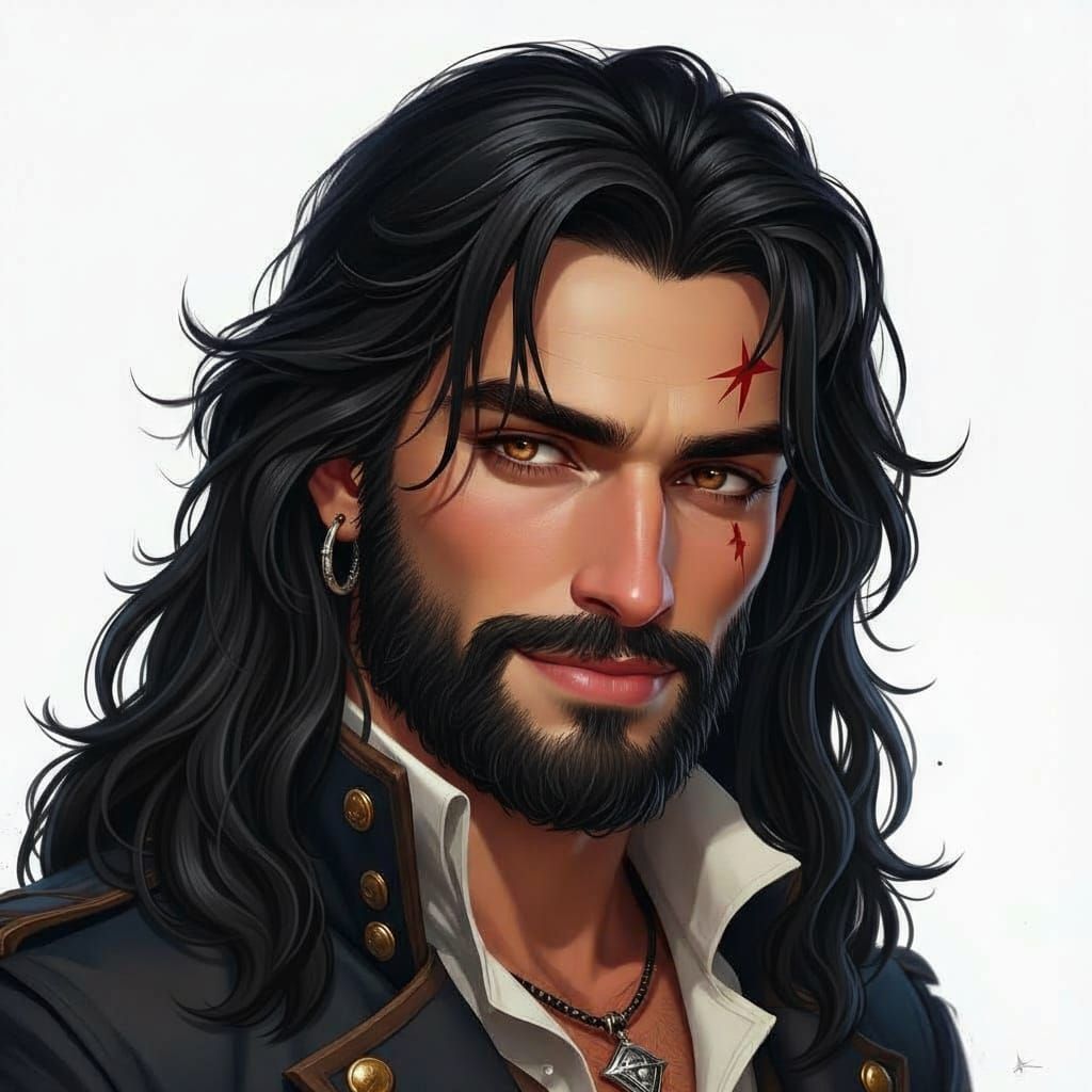 Dashing Pirate Captain with Dark Hair and Piercing Eyes