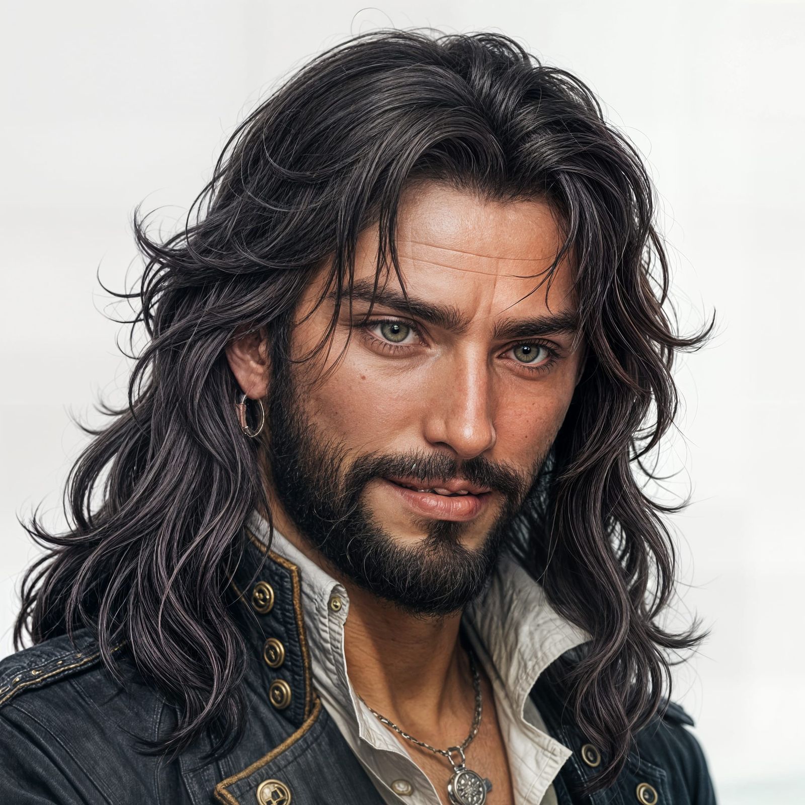 Dashing Pirate Captain Smirks with Sea Blue Eyes