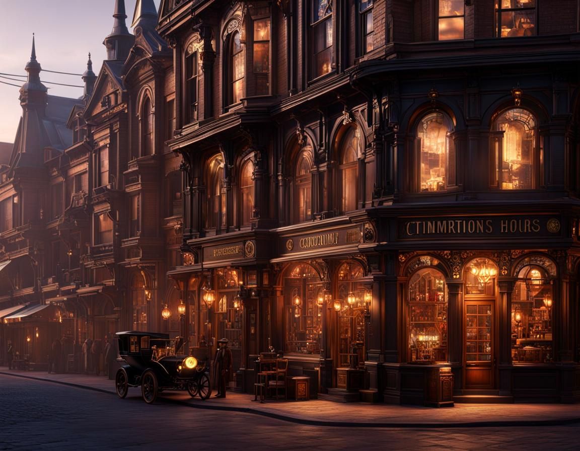 Steampunk Victorian City Street at Magic Hour