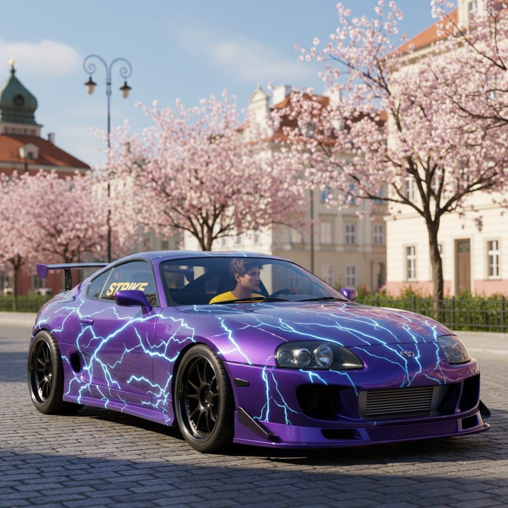 Young Man Drives Purple Toyota Supra in Warsaw