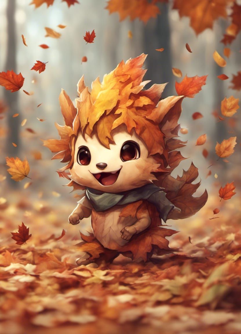 Chibi Leaf Creature Playing in Autumn Woods