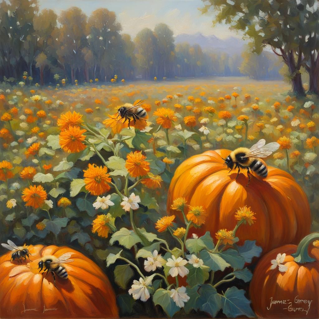 Bees Pollinating Pumpkin Flowers as Oil Painting