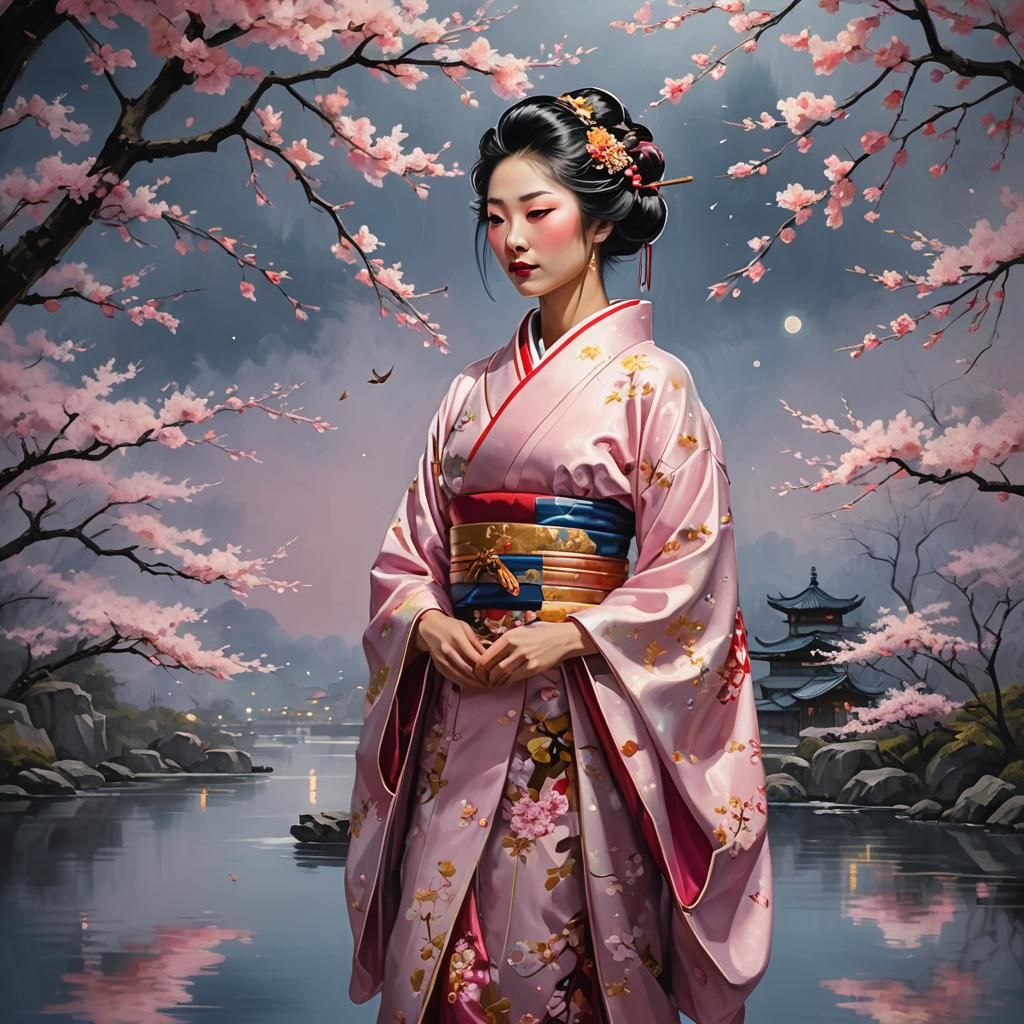 Chinese Geisha in Cherry Blossom Moonlight: Asian Pop Art