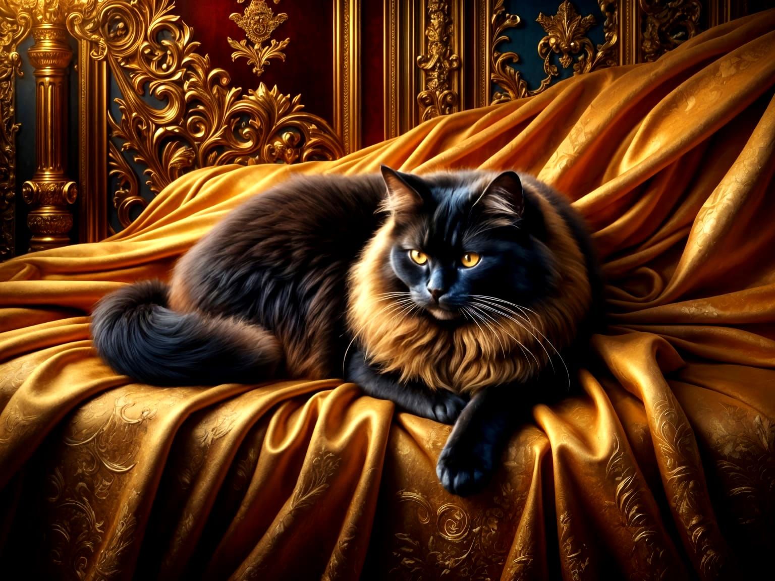 Opulent Golden Cat Rests on Velvet Couch