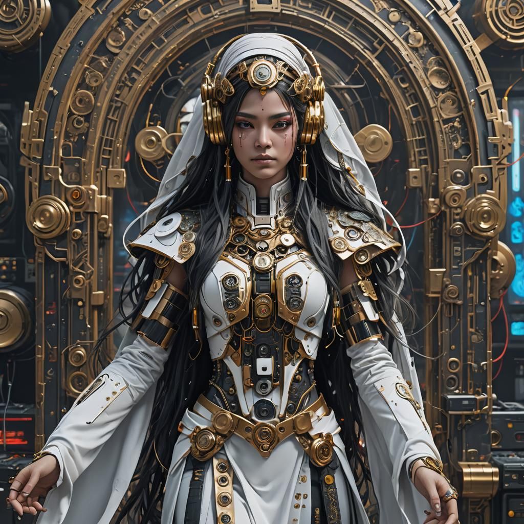 Cyberpunk Android with Walkman and Temple Backdrop