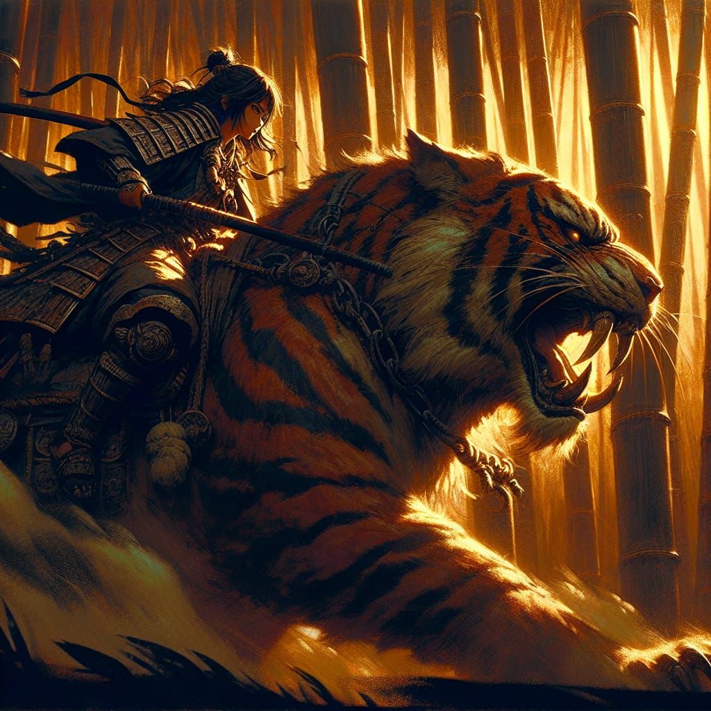 Japanese Warrior on Battle Tiger in Bamboo Forest