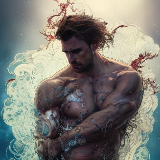 Cyborg Merman Emerges from Fantasy Sea Tornado