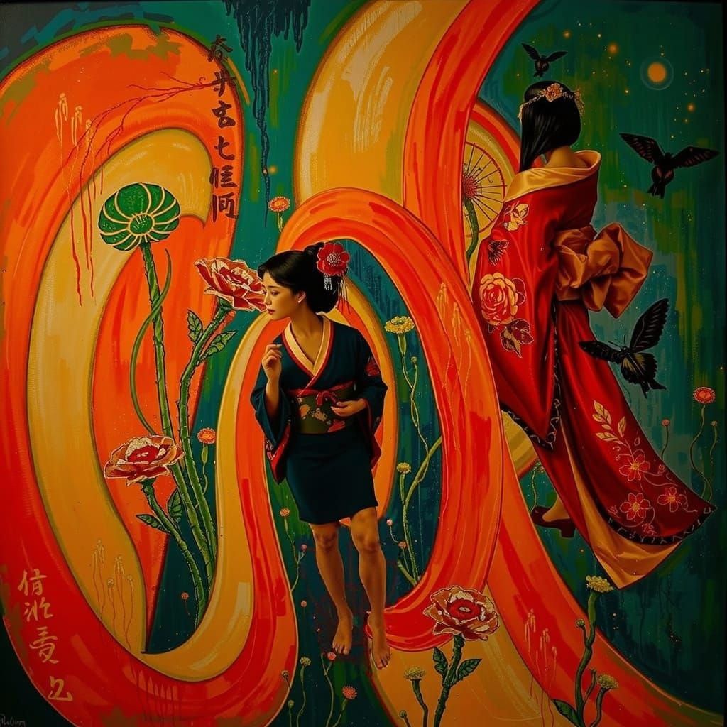 Elegant Geisha in Crimson Kimono