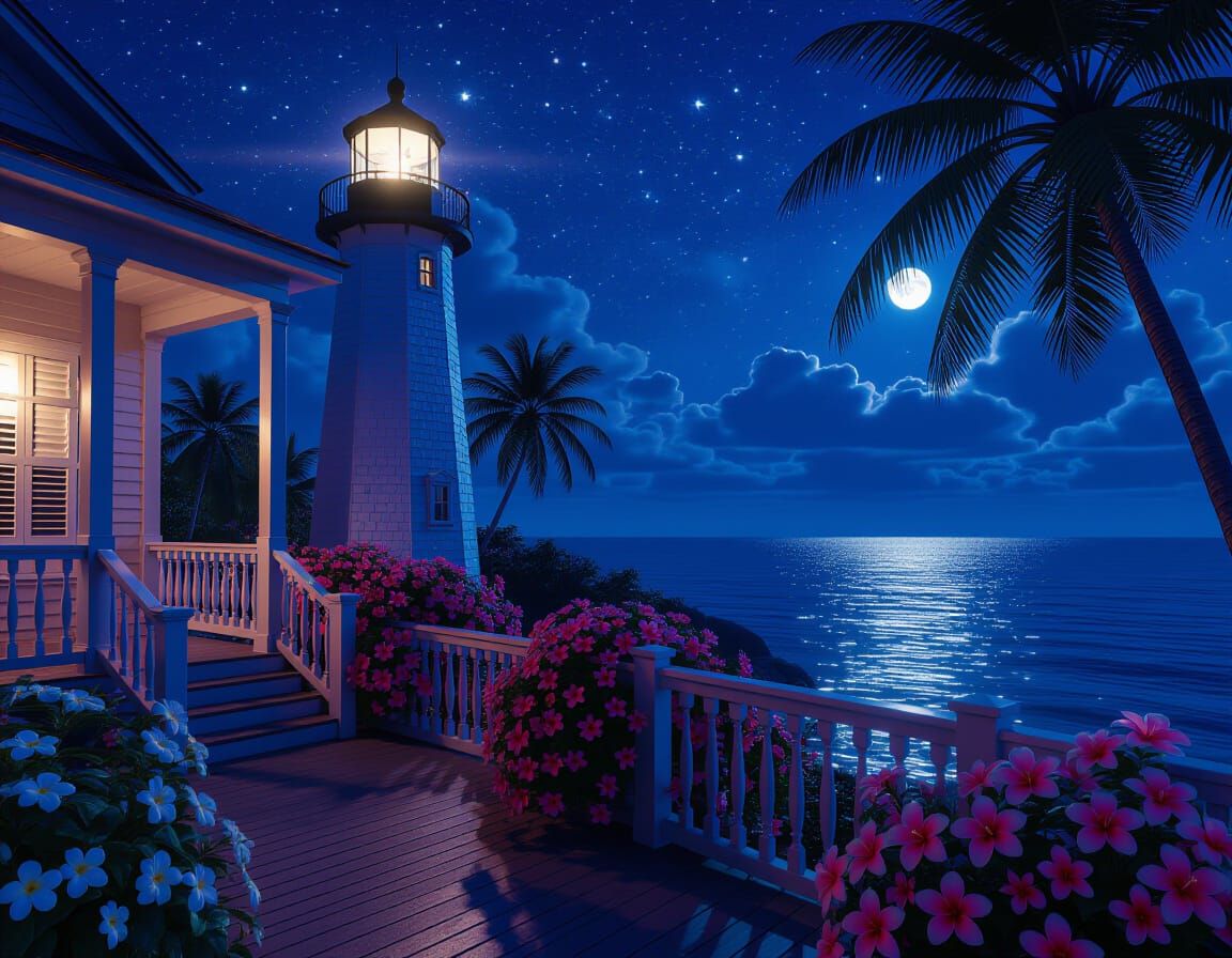 Majestic Lighthouse at Night with Tropical Flowers