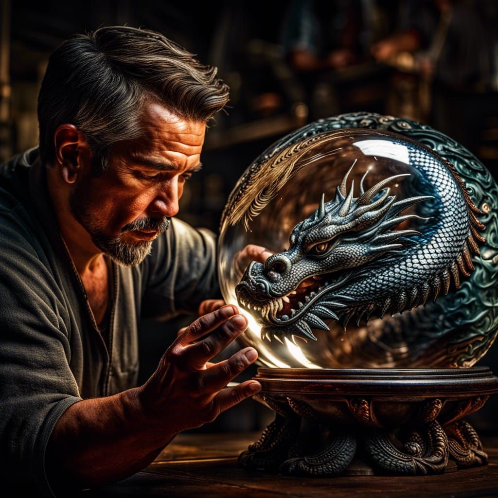 Glassblower Creates Dragon Orb: Hyperrealistic Image