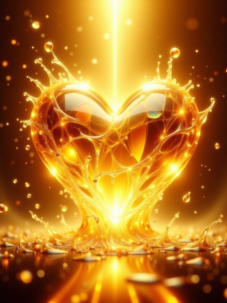 A heart‑shaped golden topaz gemstone dramatically melting into radiant molten crystal. A powerful glowing aura surrounds...
