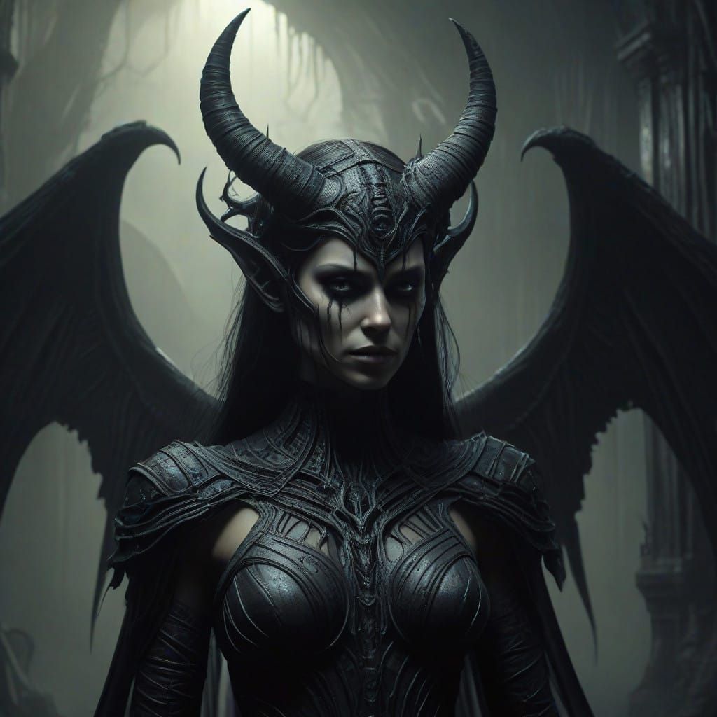 Surreal Dark Fantasy Hybrid, with Twisted Angel Wings and De...