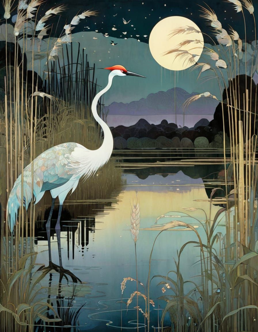 Cranes in Soft Evening Light, Intricate Shore Scene