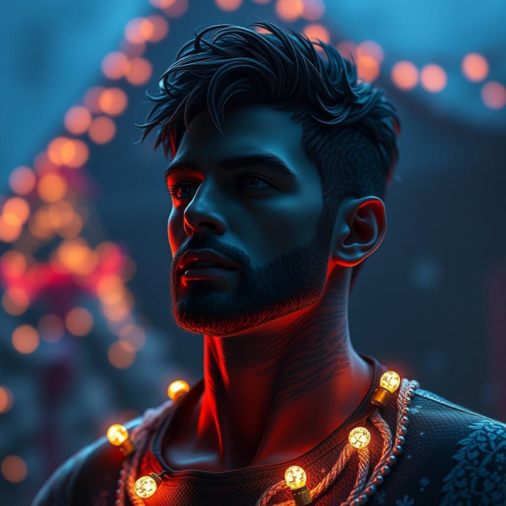 Male Model Radiant in Vibrant Christmas Lights