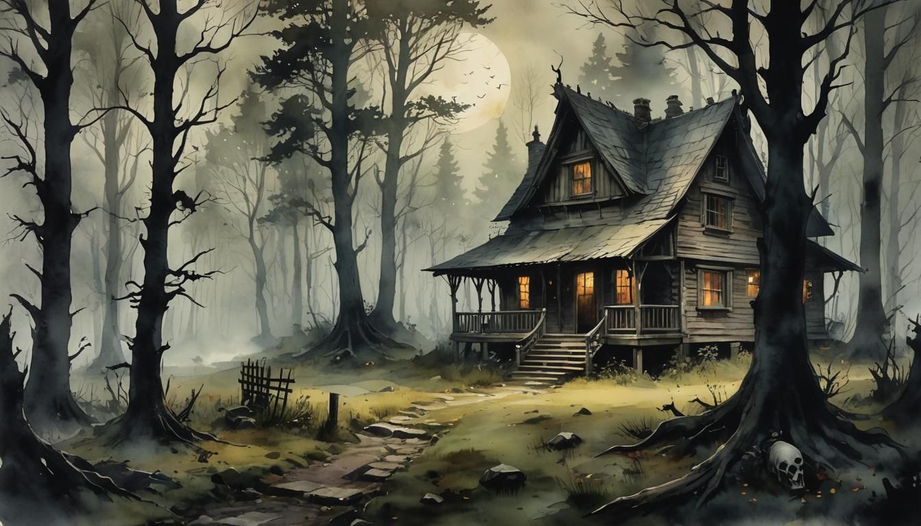 Eerie Witch's Cabin in Forest: Romantic Watercolor