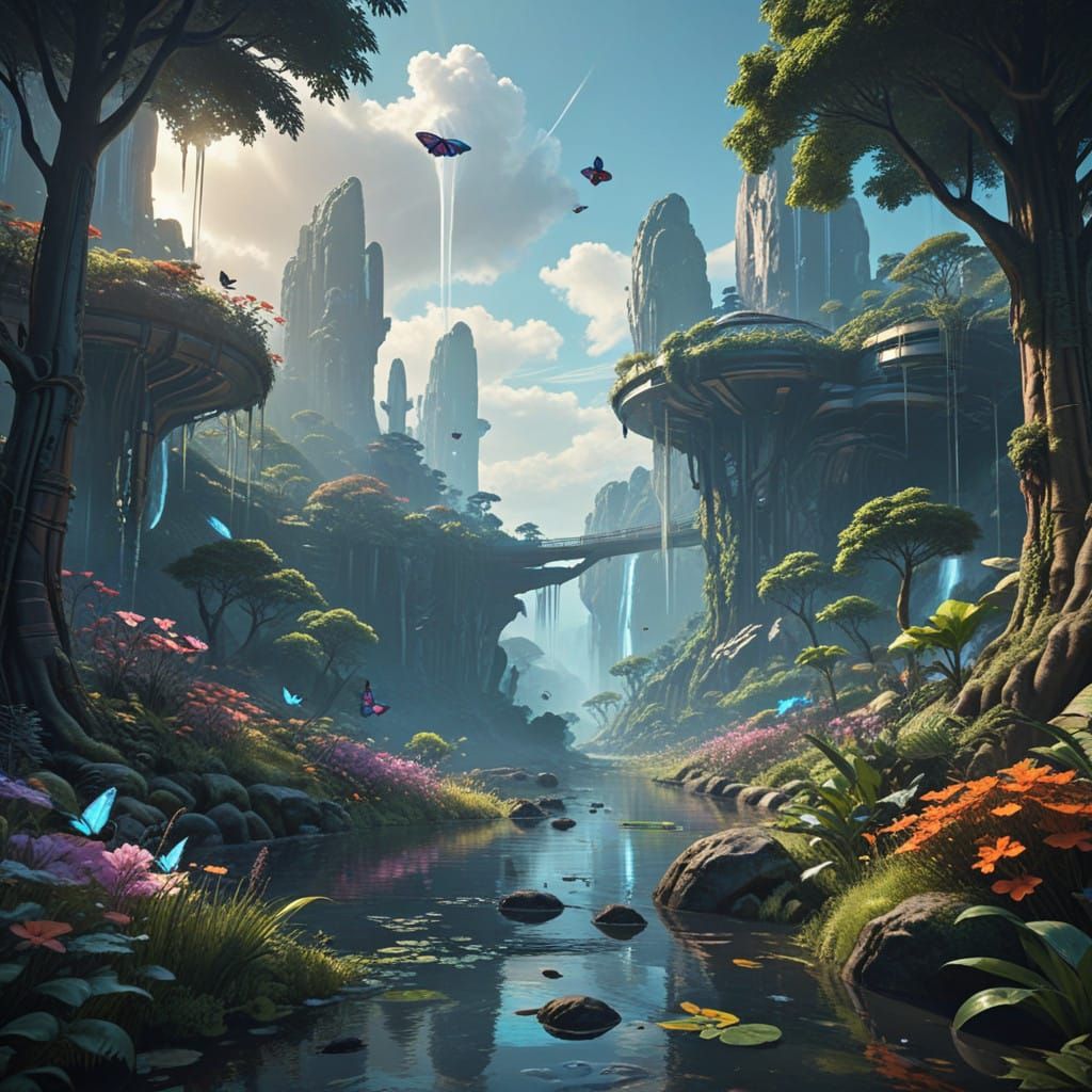 Dreamlike Anime Garden with Floating Islands and Glowing But...