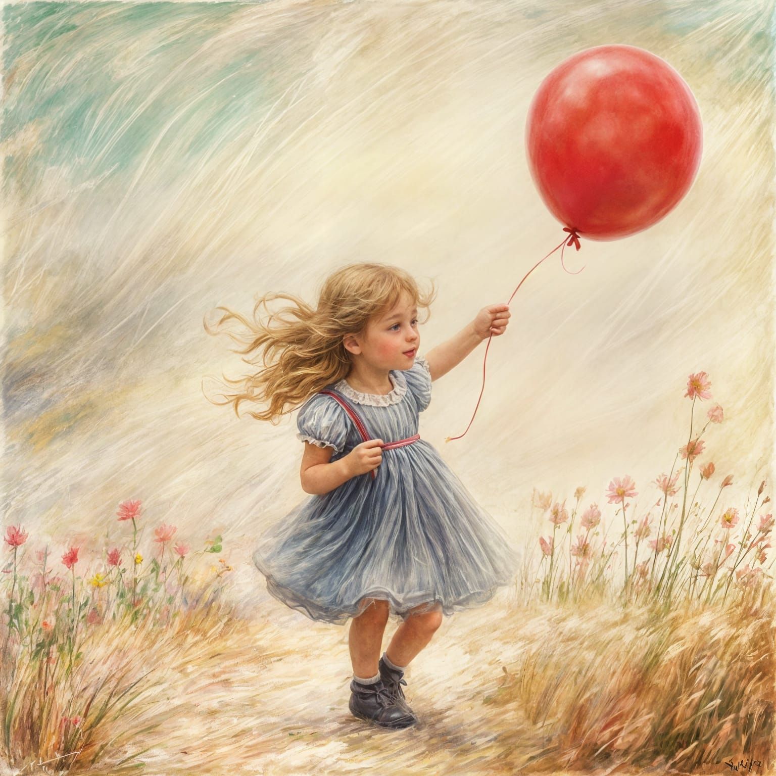 Girl with Red Balloon: Impressionistic Whimsy