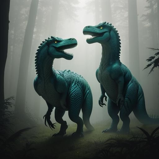 Dinosaurs in a Misty Forest, Hyperrealistic Cinematic Art