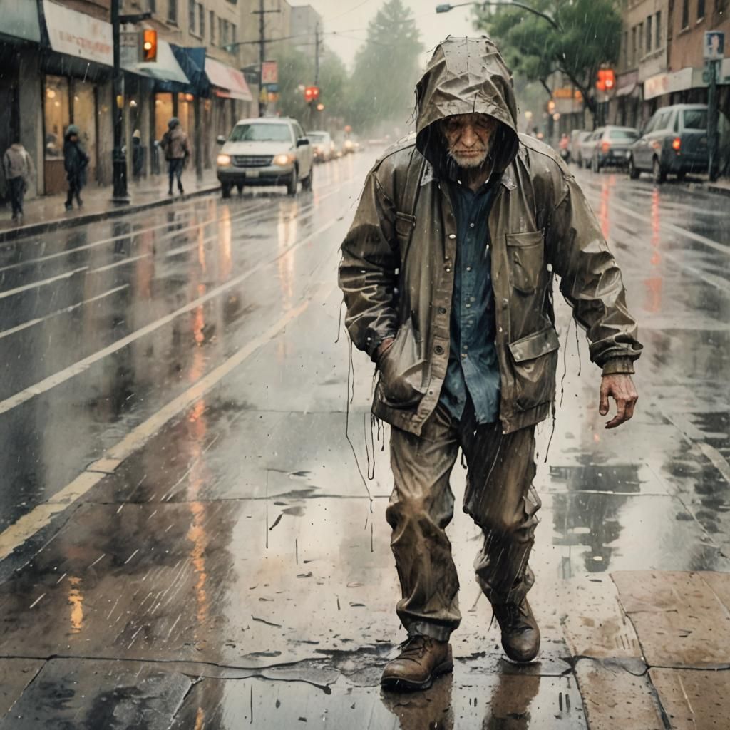 Distressing Portrait of Disfigured Creature in the Rain
