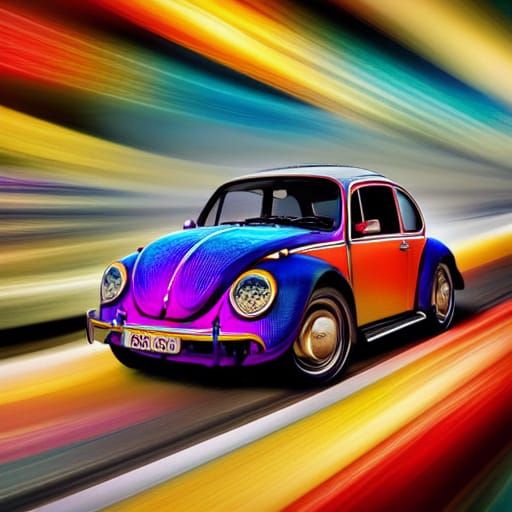 VW Beetle Speeds Towards Cityscape: Hyperrealistic Oil Paint...