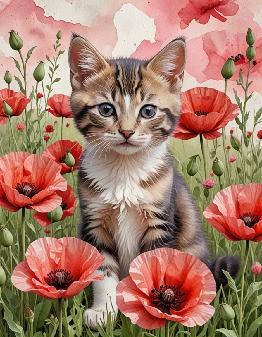 Kitten in Poppies: Mixed Media Collage Illustration
