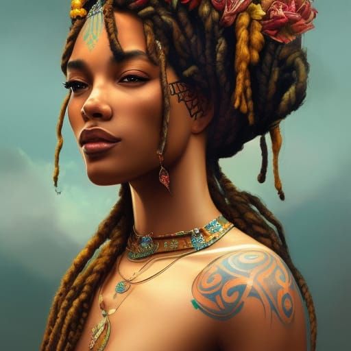 Rastafarian Goddess Portrait with Polynesian Tattoos