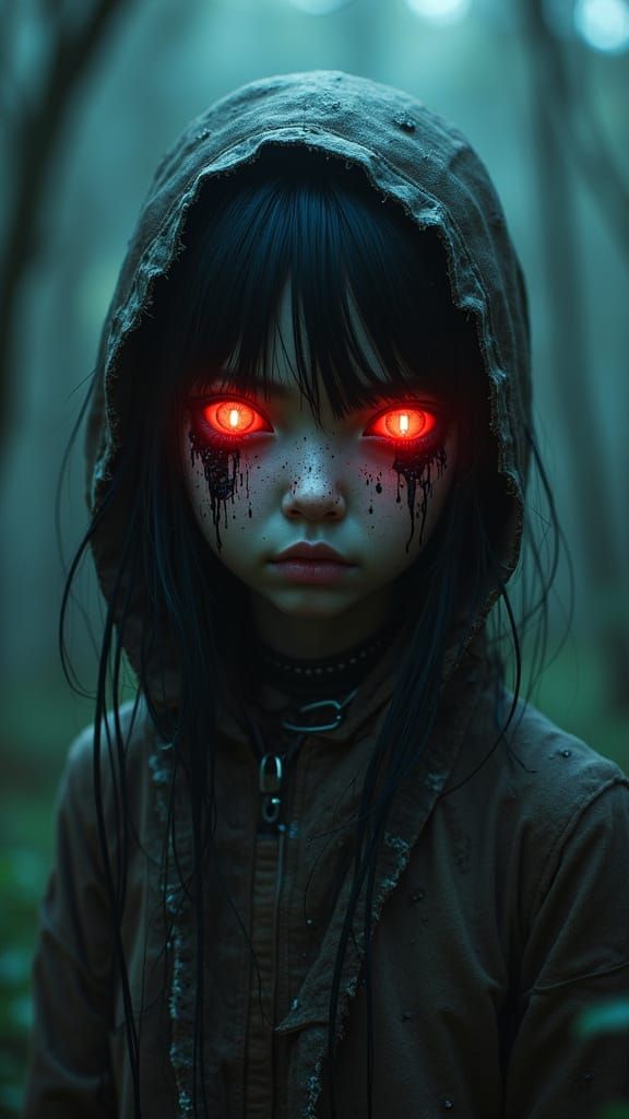 Bioluminescent Android Weeping Oil Tears in Cyberpunk Style