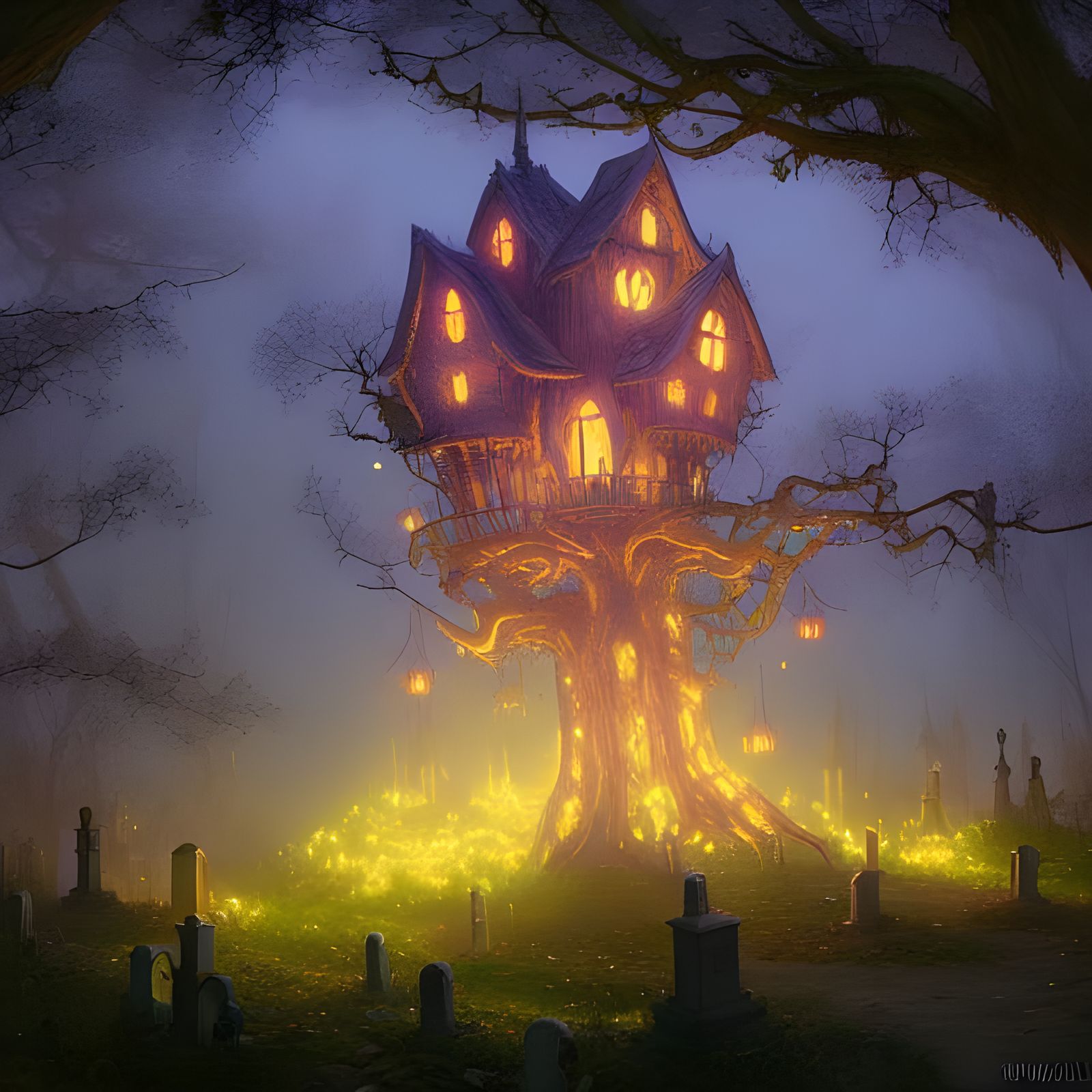 Glowing Ghost Treehouse in Graveyard Illustration
