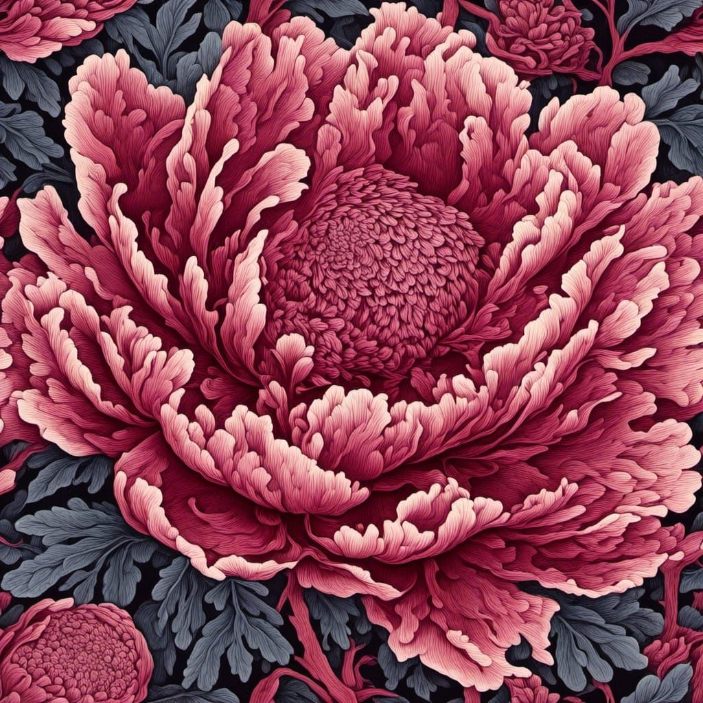 Intricate Peony with Fingerprint Texture in Art Nouveau Styl...