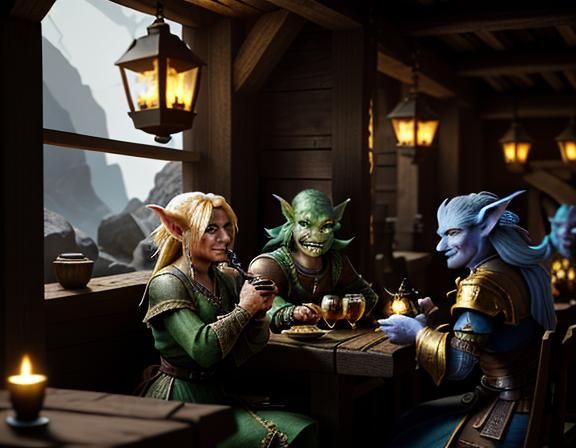 Goblins Drinking Cocktails in Rustic Tavern: 3D Game Graphic...