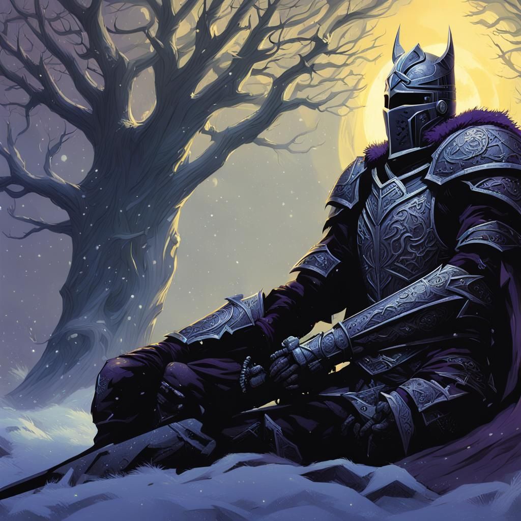 Dark Fantasy Knight Resting in Winter Landscape