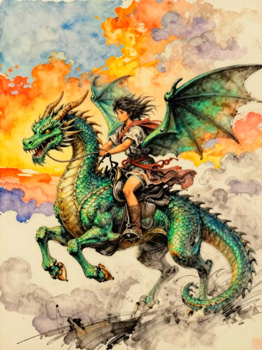 Young Rider on Emerald Dragon in Sunset Sky