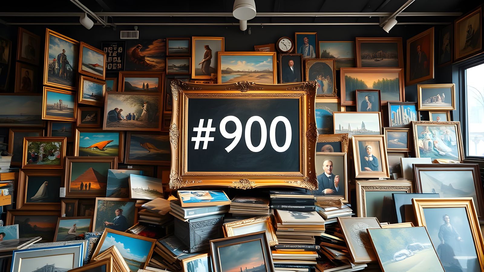 Overflowing Art Gallery with Piled Paintings