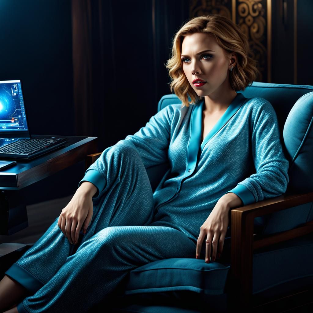 Woman Lounging in Pajamas Immersed in Virtual World