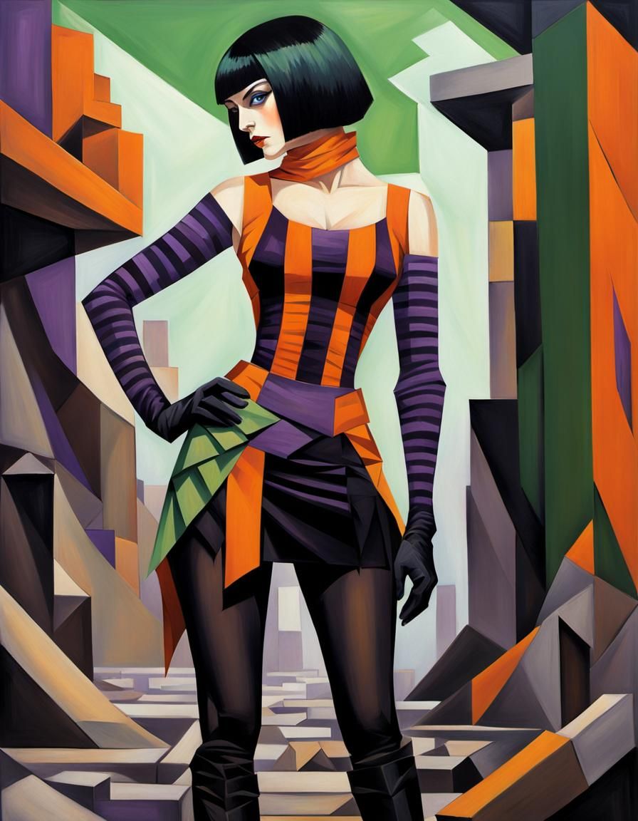 Fantasy Hunter with Green Eyes in Cubist Art Deco Style