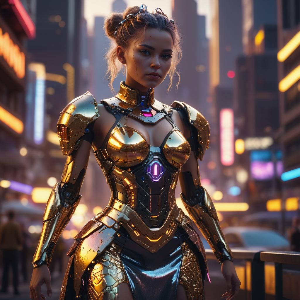 Cyberpunk Queen in Future Cityscape at Golden Hour