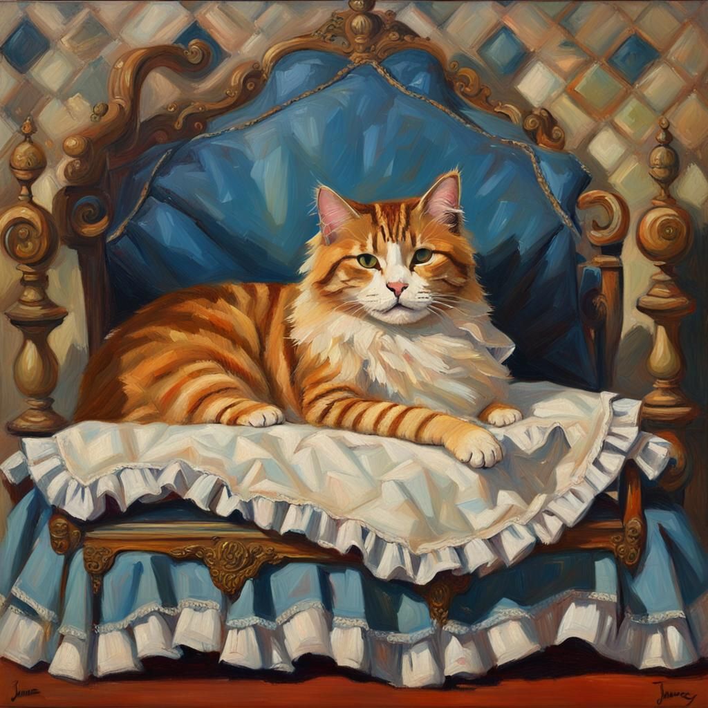 Fancy Cat Sleeping in Luxurious Bed, Oil Painting