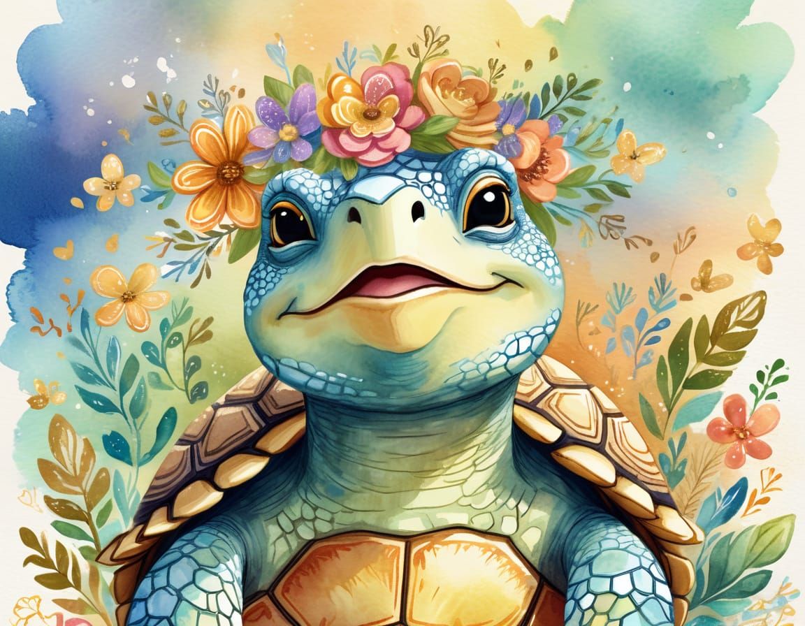 Singing Turtle with Flower Crown in Watercolor Style