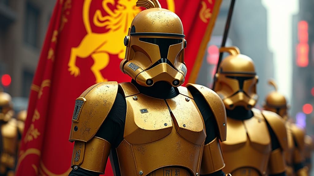Golden Clone Troopers in Cyberpunk Cityscape