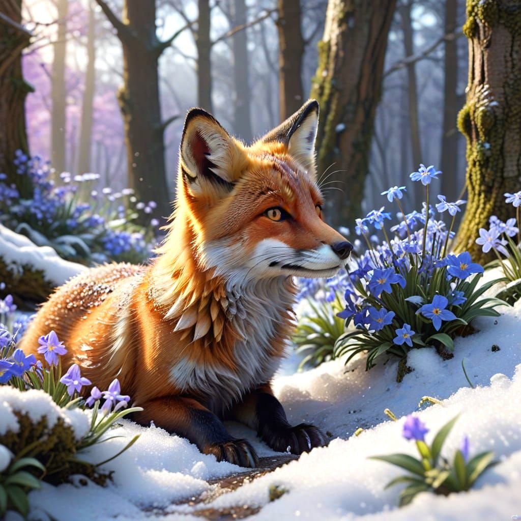 Vibrant Spring Fox Cub in Snowy Forest Clearing