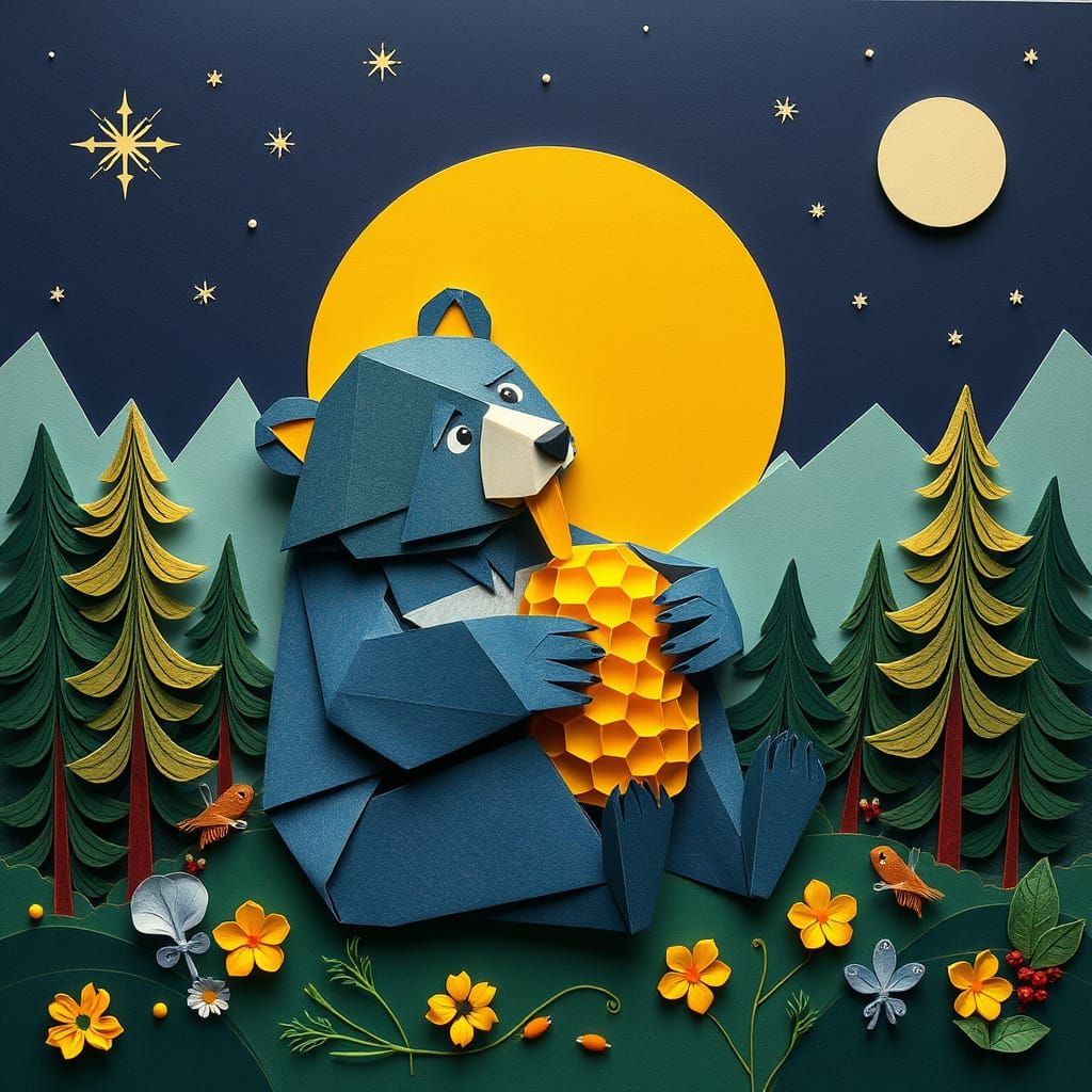 Origami Bear Enjoys Honey Under Starry Moon