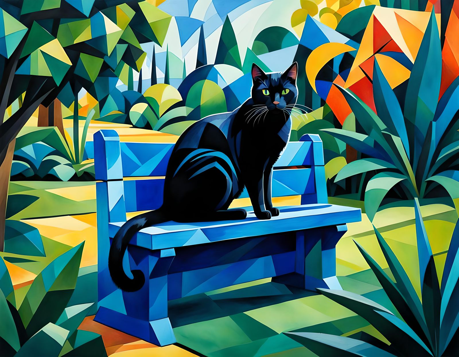 Cubist Watercolor: Black Cat in Garden