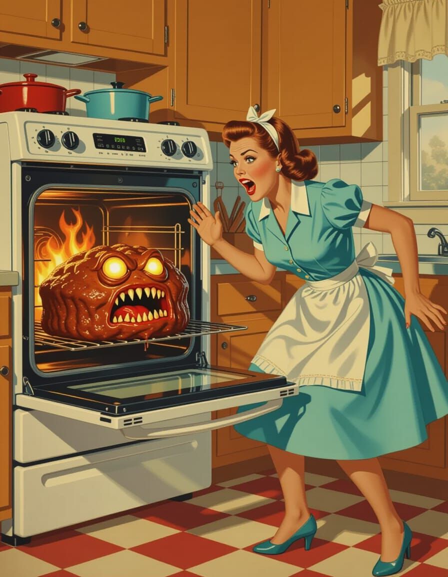 Housewife Attacked by Meatloaf Monster as Norman Rockwell Pa...