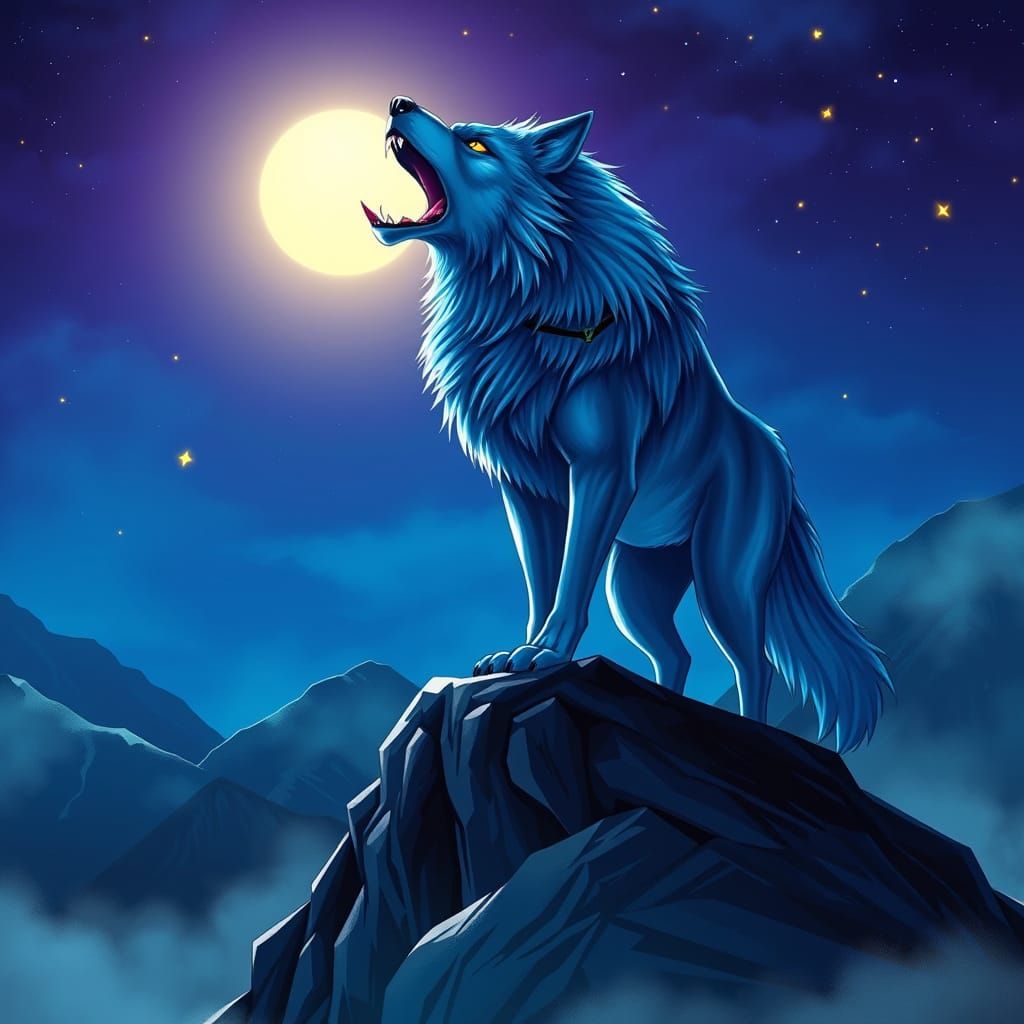 Majestic Electric Blue Wolf on a Mountain Peak