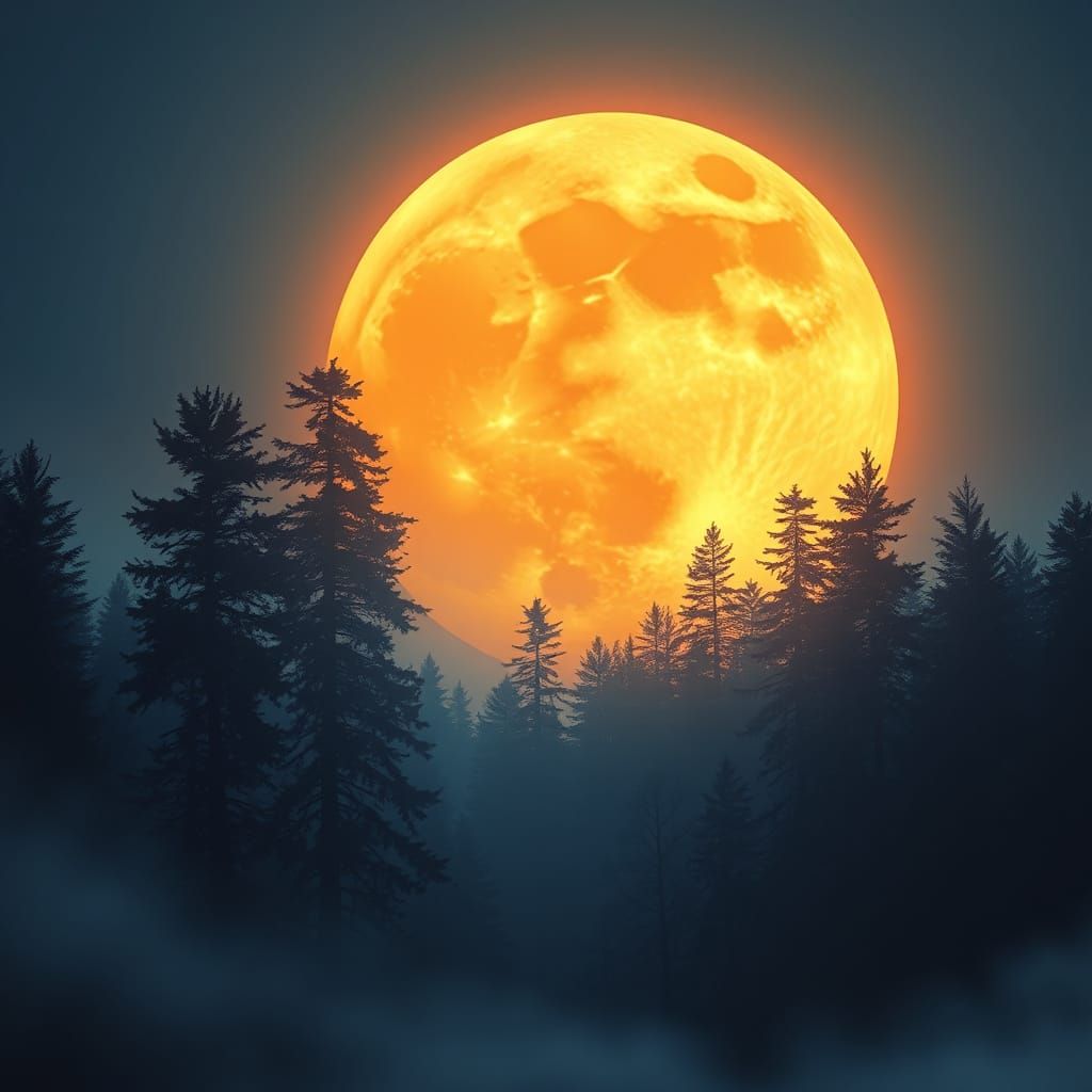 Mystical Forest Lit by Vibrant Full Moon
