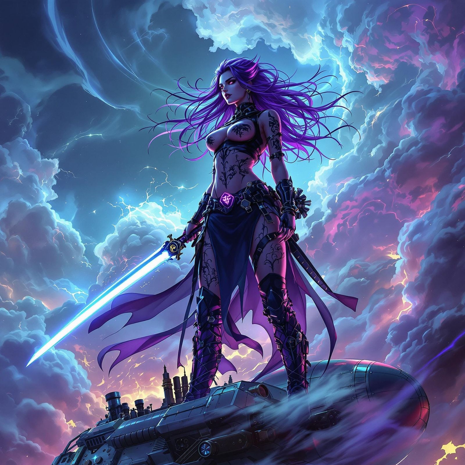 Gothic Valkyrie on Zeppelin with Glowing Katana