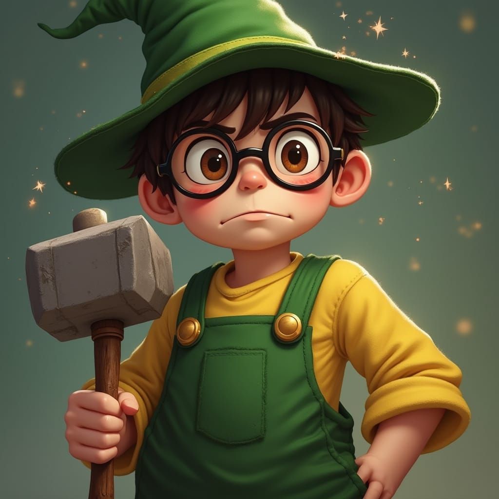 Eustace Bagge in a Closeup, Holding a Magical Hammer with Ar...